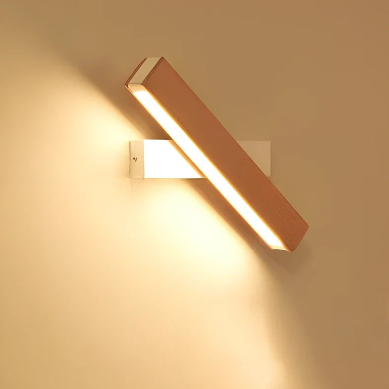 Adjustable wooden LED wall lamp in black finish with directional lighting bar for modern interiors