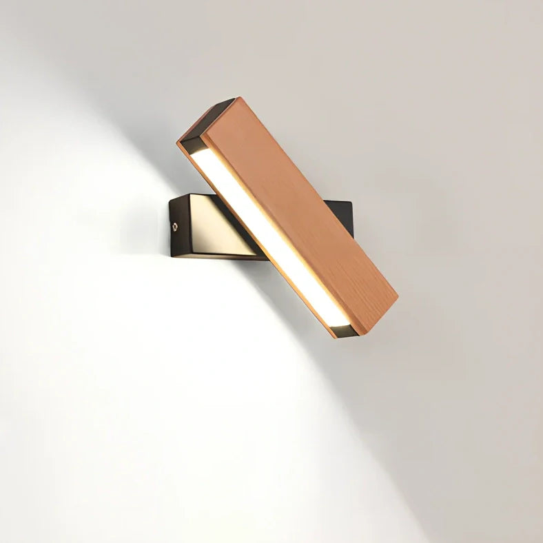 Adjustable wooden LED wall lamp in black finish with directional lighting bar for modern interiors