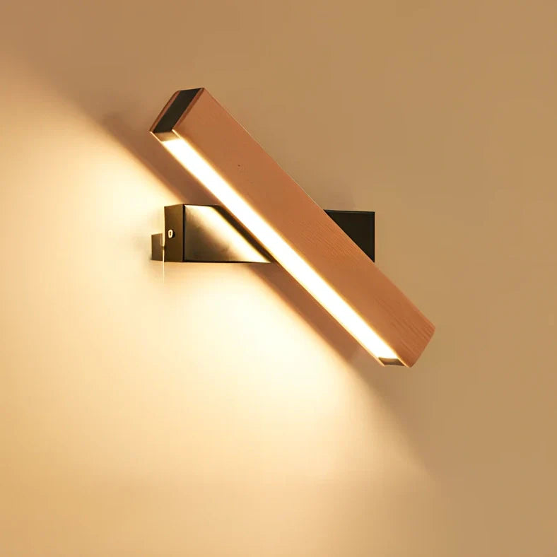 Adjustable wooden LED wall lamp in black finish with directional lighting bar for modern interiors