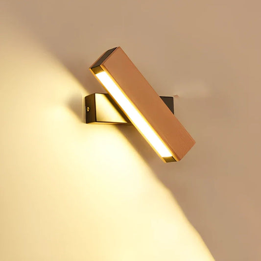 Adjustable wooden LED wall lamp in black finish with directional lighting bar for modern interiors