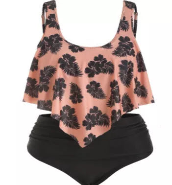 Plus size split swimsuit for women in various colors and patterns, chlorine-resistant fabric