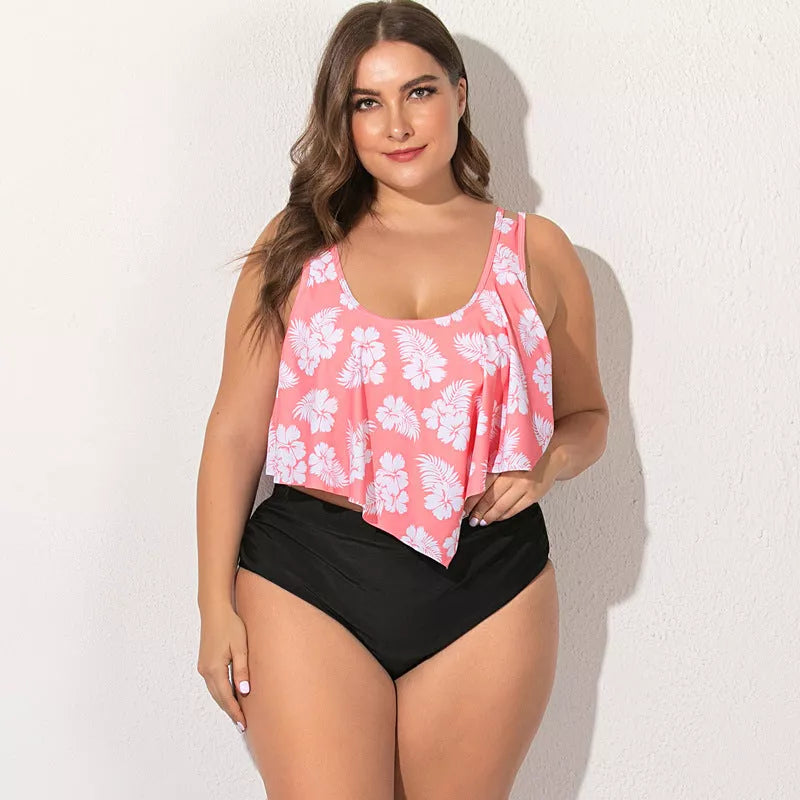 Plus size split swimsuit for women in various colors and patterns, chlorine-resistant fabric