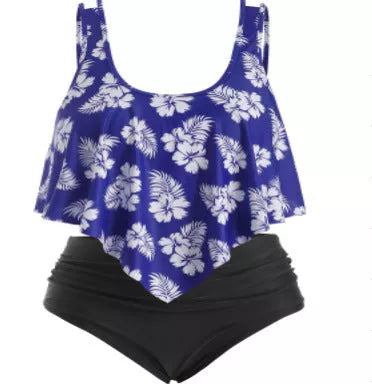 Plus size split swimsuit for women in various colors and patterns, chlorine-resistant fabric