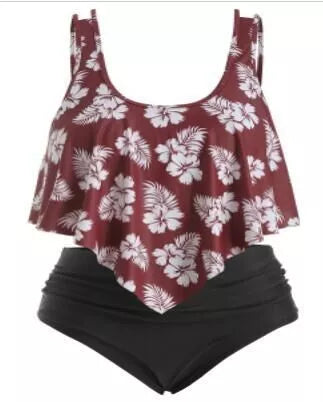 Plus size split swimsuit for women in various colors and patterns, chlorine-resistant fabric