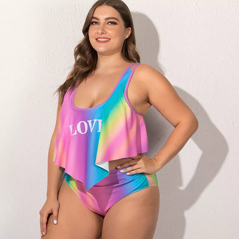 Plus size split swimsuit for women in various colors and patterns, chlorine-resistant fabric
