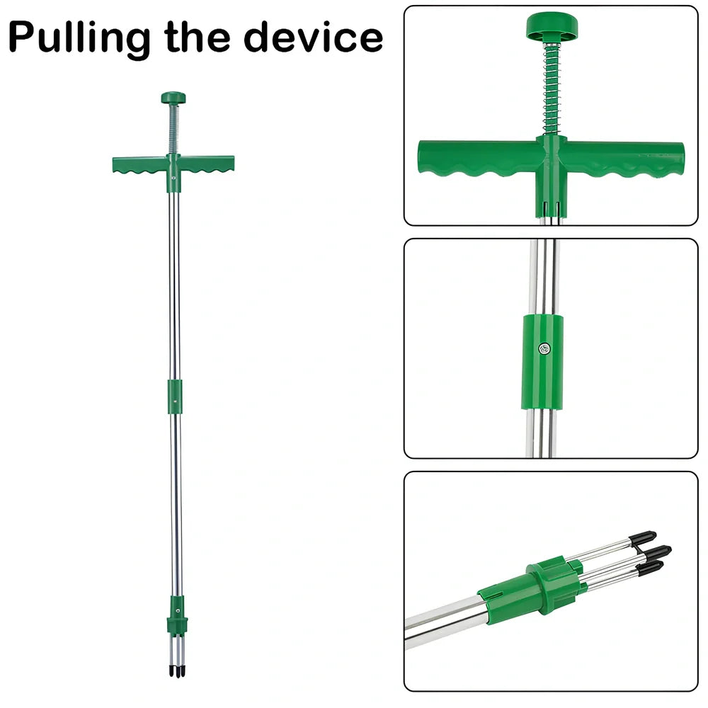 Green long handle weed puller with aluminium shaft and steel claw for garden weeding