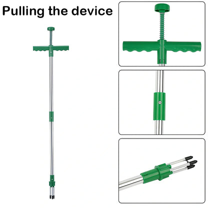 Green long handle weed puller with aluminium shaft and steel claw for garden weeding