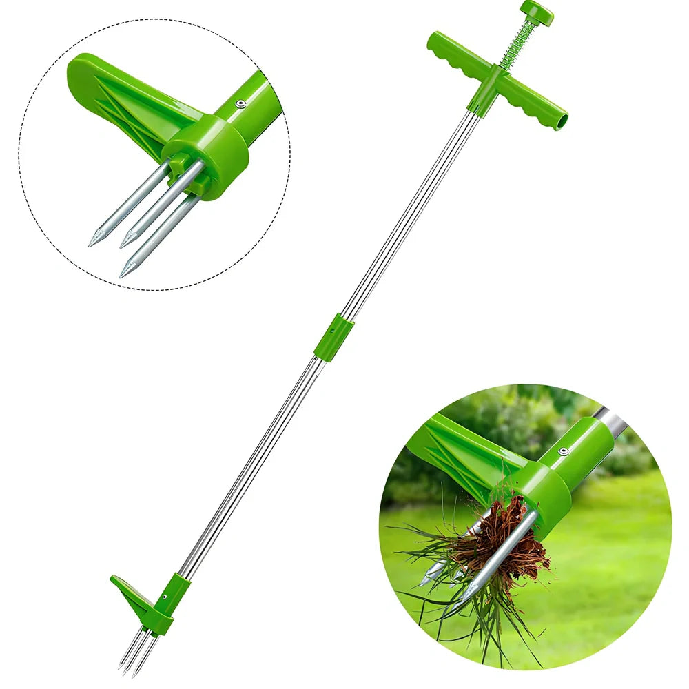 Green long handle weed puller with aluminium shaft and steel claw for garden weeding