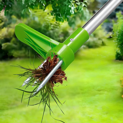 Green long handle weed puller with aluminium shaft and steel claw for garden weeding