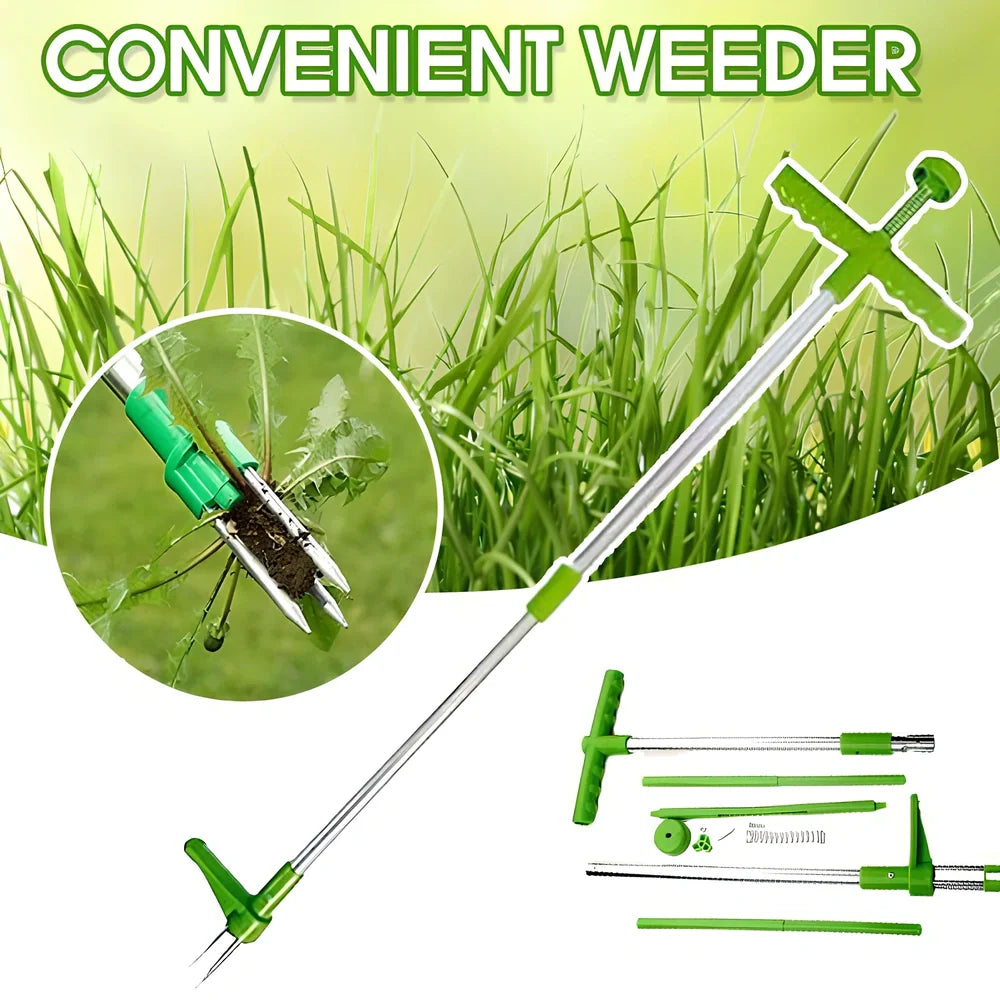Green long handle weed puller with aluminium shaft and steel claw for garden weeding