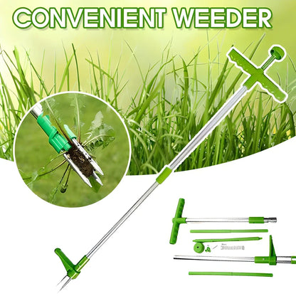 Green long handle weed puller with aluminium shaft and steel claw for garden weeding