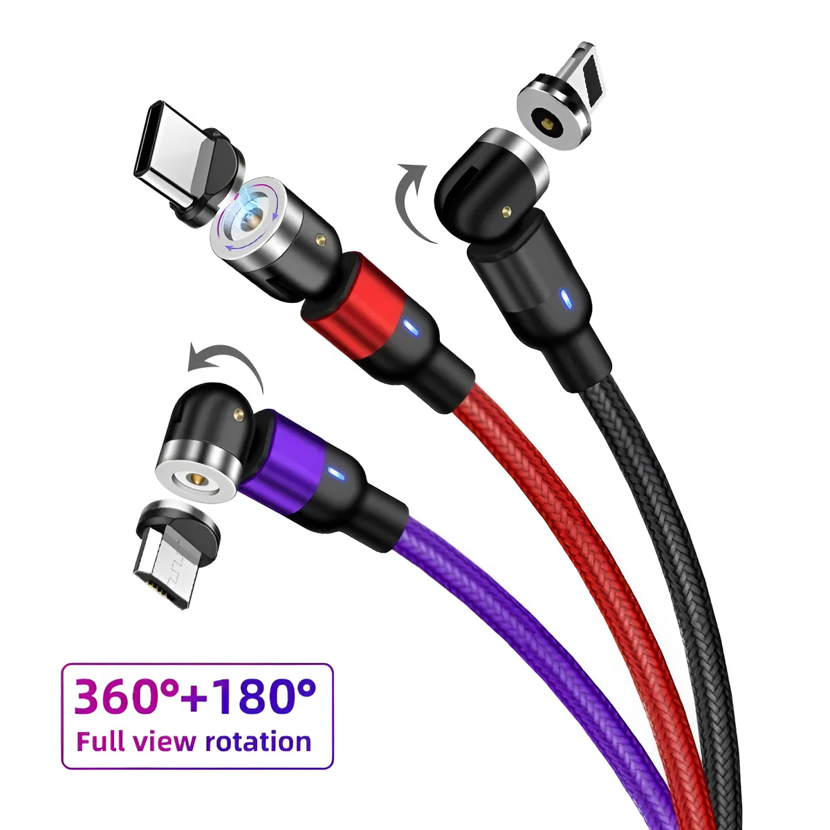 Magnetic data cable with rotating head, three-in-one connector, black purple red, 0.5m 1m 2m lengths