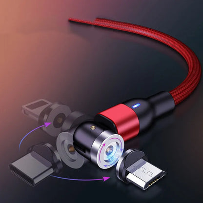 Magnetic data cable with rotating head, three-in-one connector, black purple red, 0.5m 1m 2m lengths