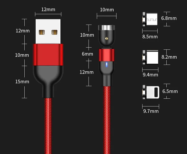 Magnetic data cable with rotating head, three-in-one connector, black purple red, 0.5m 1m 2m lengths