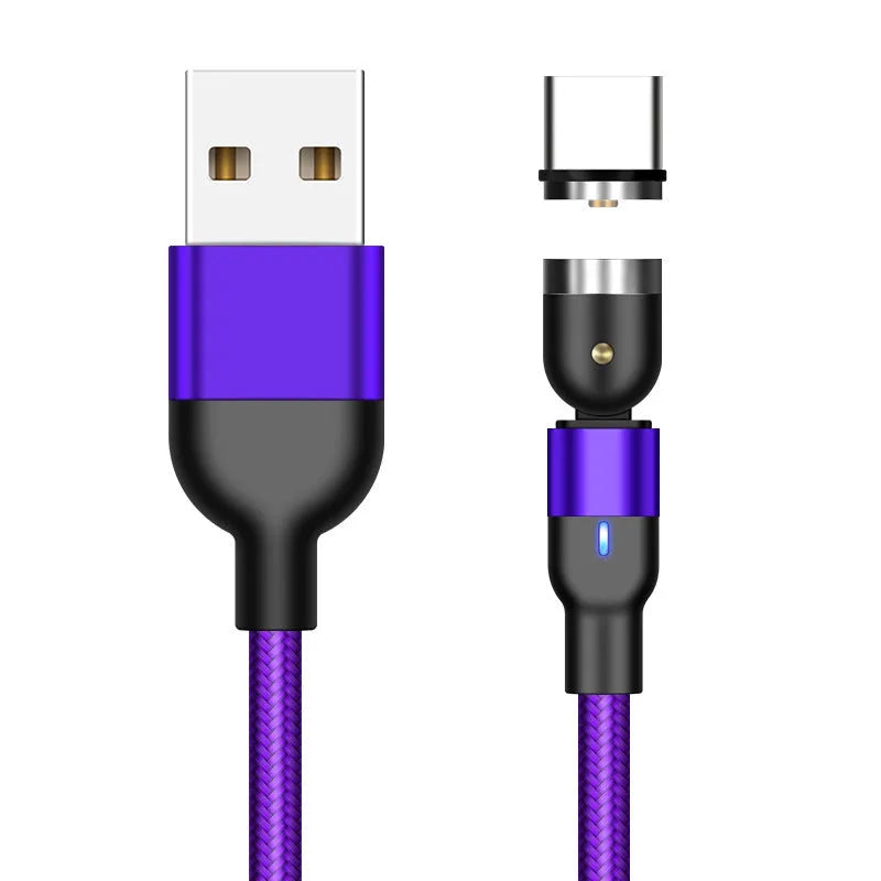 Magnetic data cable with rotating head, three-in-one connector, black purple red, 0.5m 1m 2m lengths