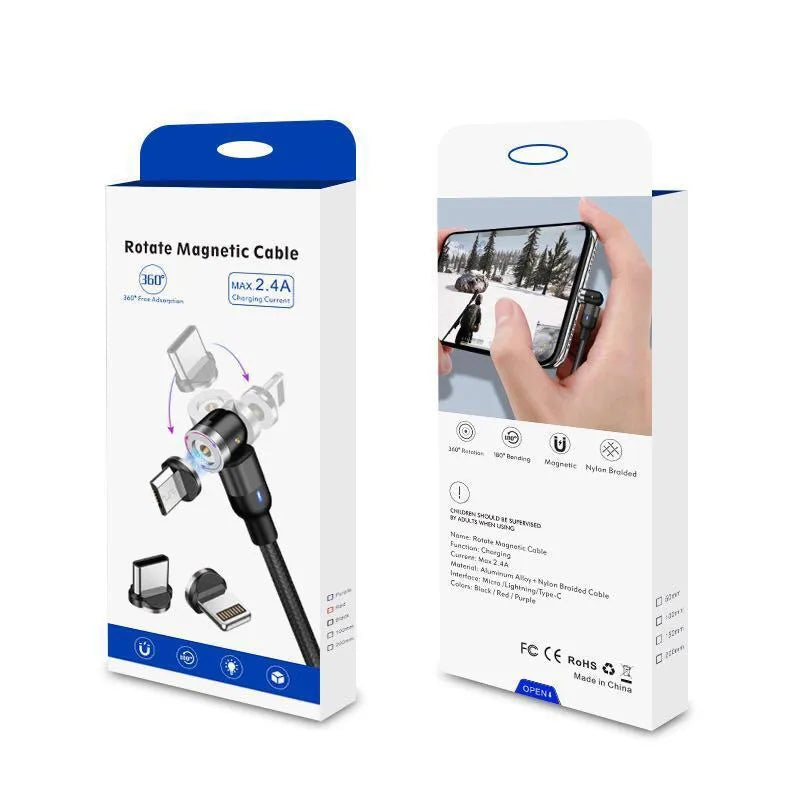 Magnetic data cable with rotating head, three-in-one connector, black purple red, 0.5m 1m 2m lengths