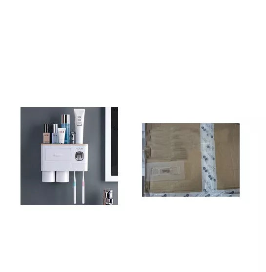 Non-marking hanging magnetic toothbrush holder with toothpaste squeezer in blue and grey