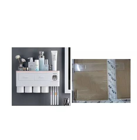 Non-marking hanging magnetic toothbrush holder with toothpaste squeezer in blue and grey