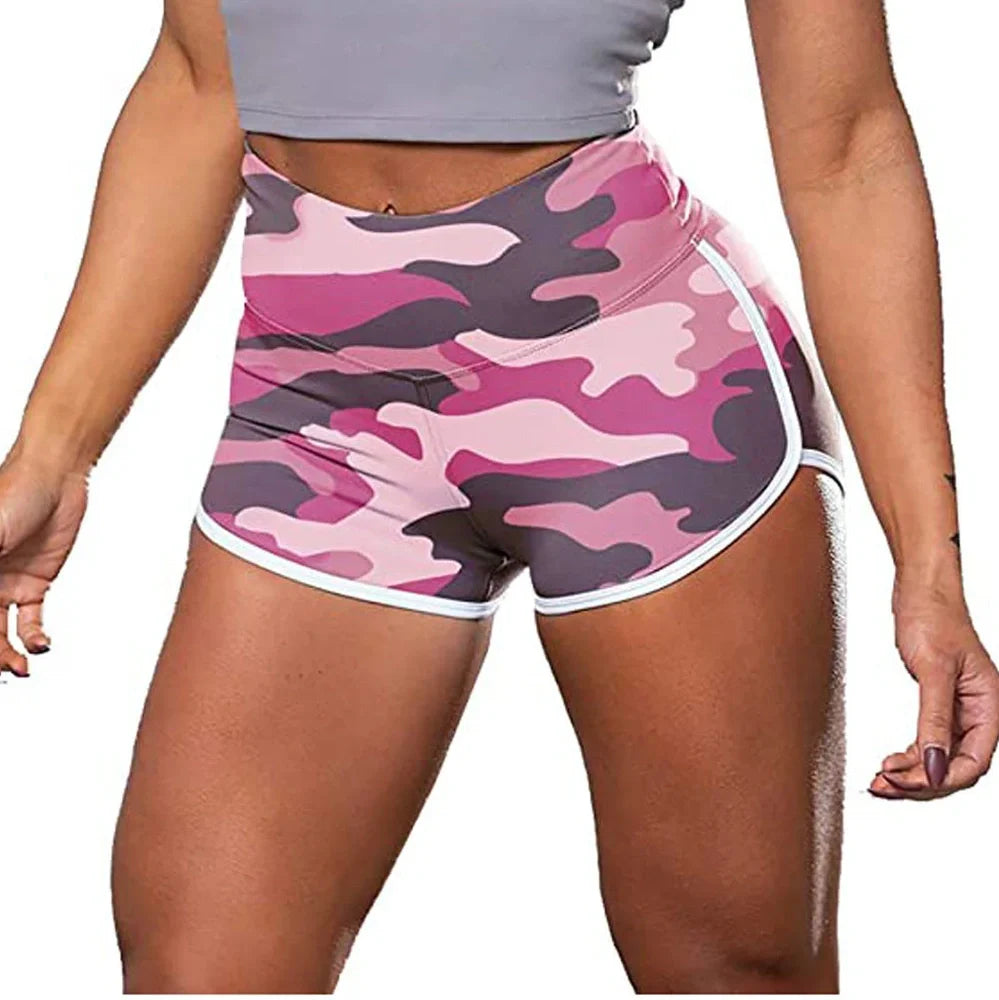 Women's camouflage tie-dye print hip-up fitness shorts in green, light blue, and purple colour options