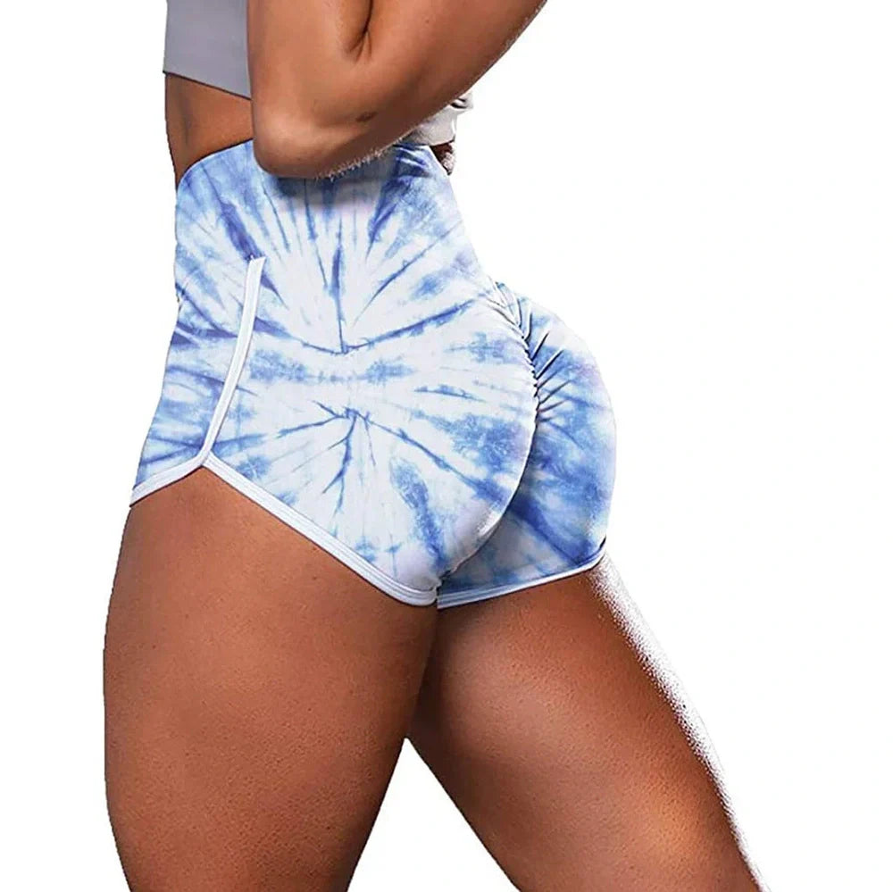 Women's camouflage tie-dye print hip-up fitness shorts in green, light blue, and purple colour options