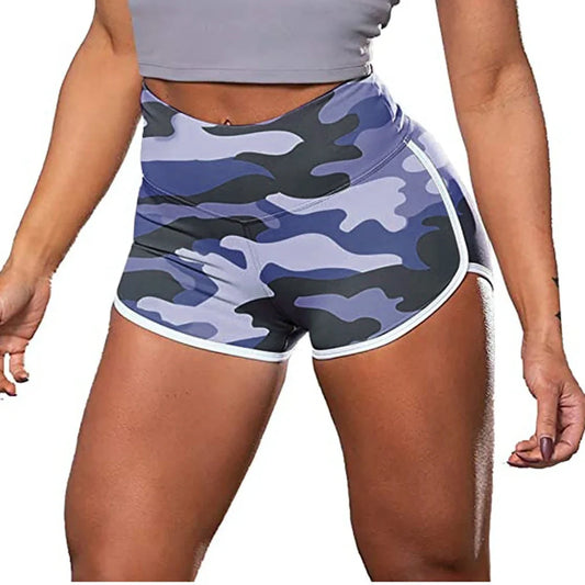 Women's camouflage tie-dye print hip-up fitness shorts in green, light blue, and purple colour options