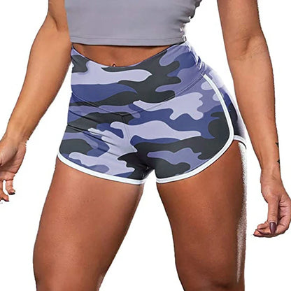 Women's camouflage tie-dye print hip-up fitness shorts in green, light blue, and purple colour options
