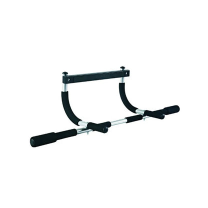Black steel wall-mounted pull up bar with heavy-duty pipe construction.