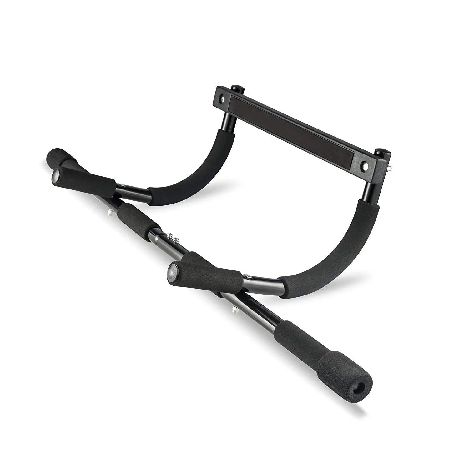 Black steel wall-mounted pull up bar with heavy-duty pipe construction.