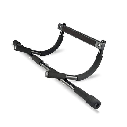 Black steel wall-mounted pull up bar with heavy-duty pipe construction.