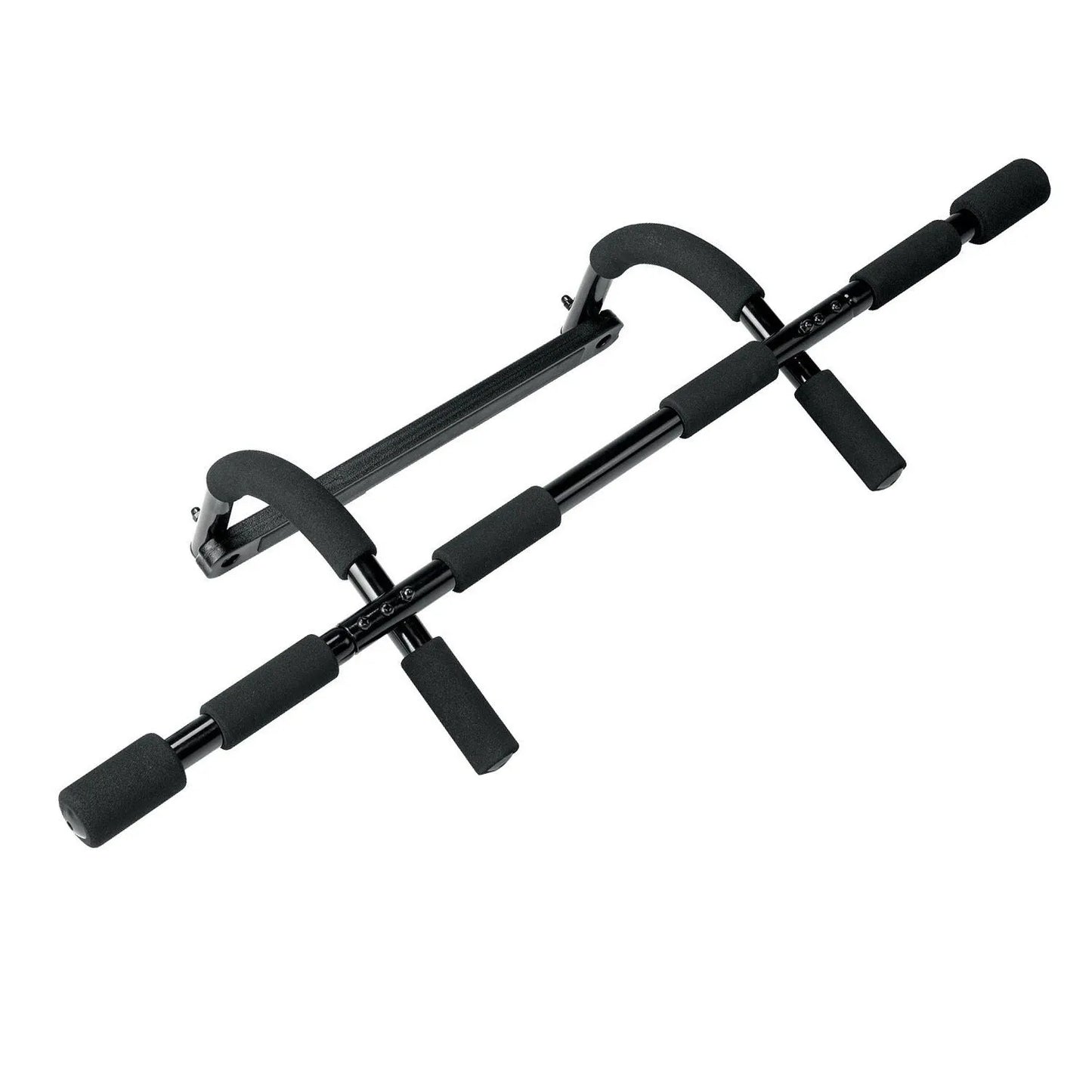 Black steel wall-mounted pull up bar with heavy-duty pipe construction.