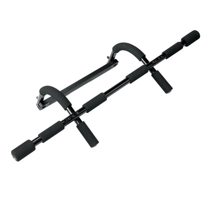 Black steel wall-mounted pull up bar with heavy-duty pipe construction.
