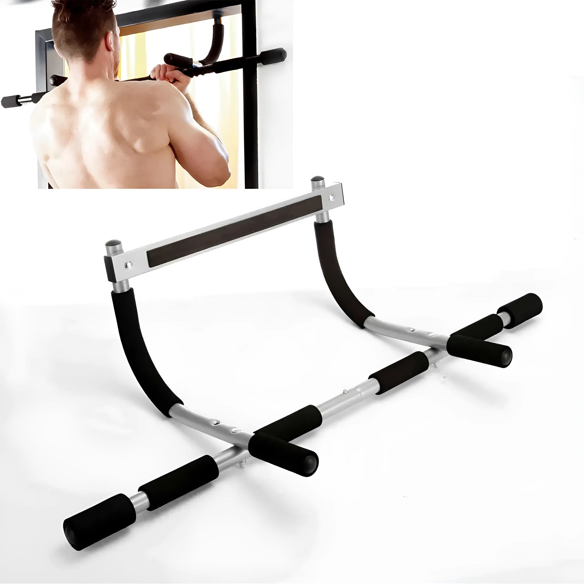 Black steel wall-mounted pull up bar with heavy-duty pipe construction.