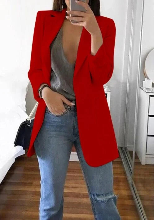 Premium Slim-Fit Cardigan Blazer with Lapel Collar in various colors, including pea green, khaki, red, purple, black, and dark blue