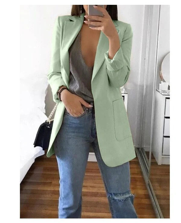 Premium Slim-Fit Cardigan Blazer with Lapel Collar in various colors, including pea green, khaki, red, purple, black, and dark blue