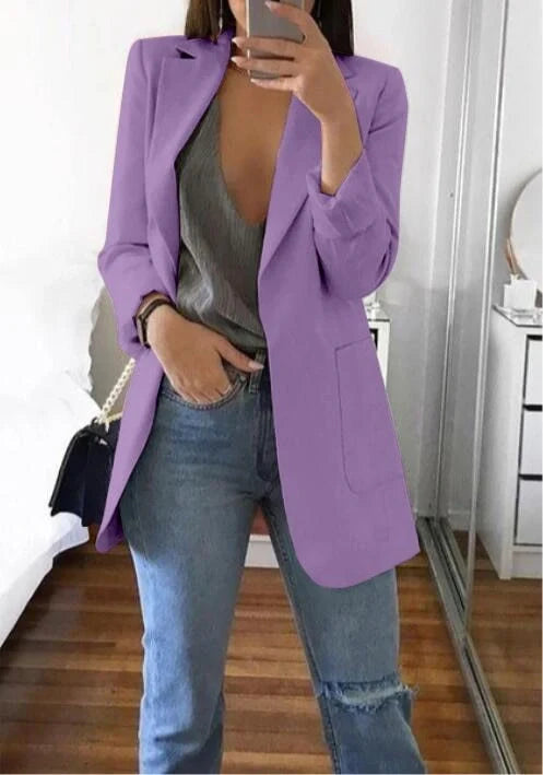 Premium Slim-Fit Cardigan Blazer with Lapel Collar in various colors, including pea green, khaki, red, purple, black, and dark blue