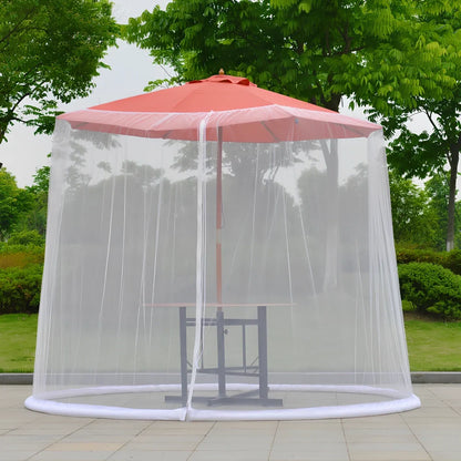 Black polyester mosquito net covering round patio umbrella with 300cm diameter protection