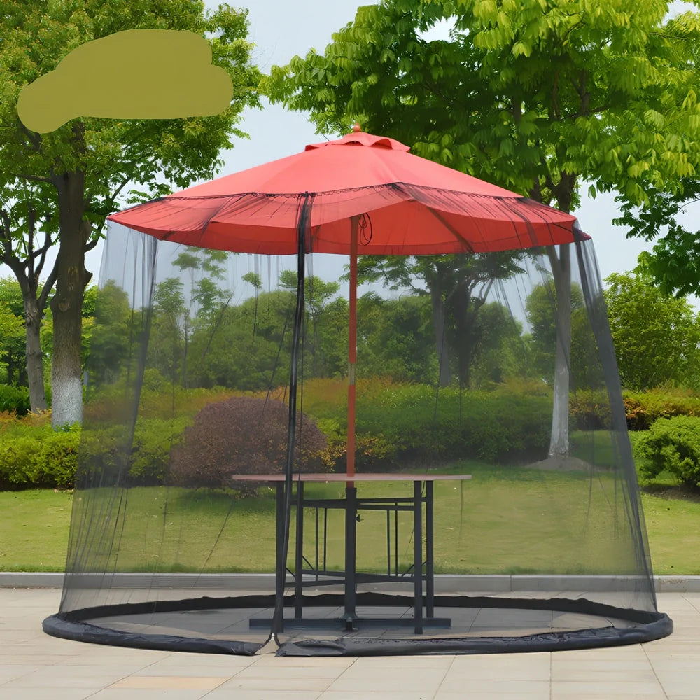 Black polyester mosquito net covering round patio umbrella with 300cm diameter protection