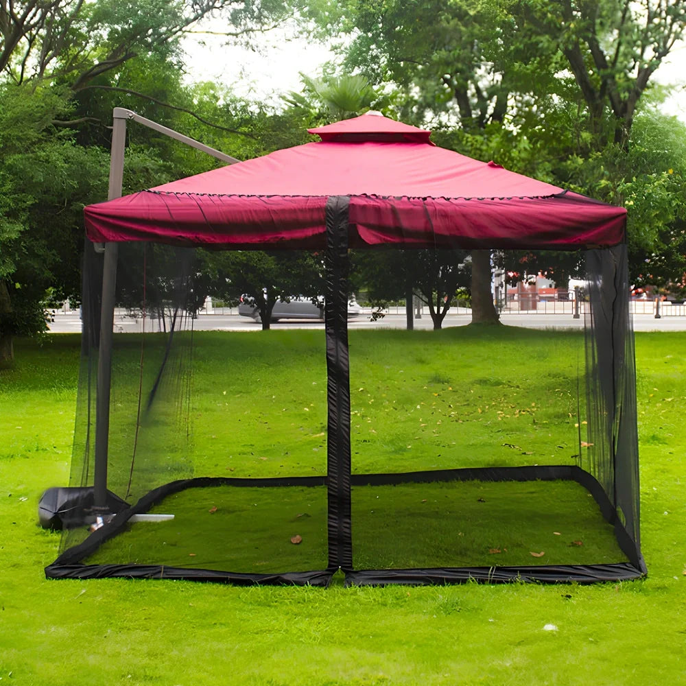 Black polyester mosquito net covering round patio umbrella with 300cm diameter protection