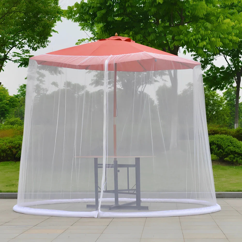 Black polyester mosquito net covering round patio umbrella with 300cm diameter protection