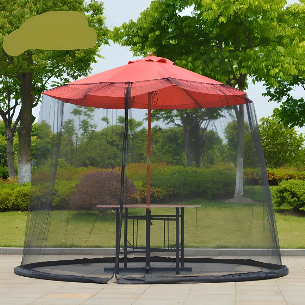 Black polyester mosquito net covering round patio umbrella with 300cm diameter protection