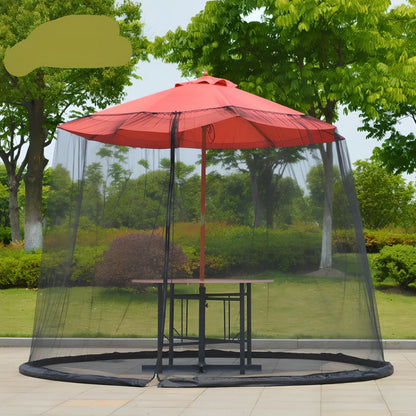 Black polyester mosquito net covering round patio umbrella with 300cm diameter protection