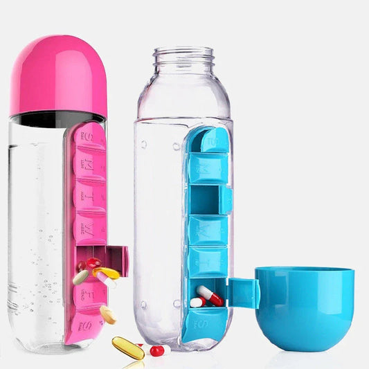 7-Day Pill Organizer Water Bottle - Portable Drink Container with Medication Storage