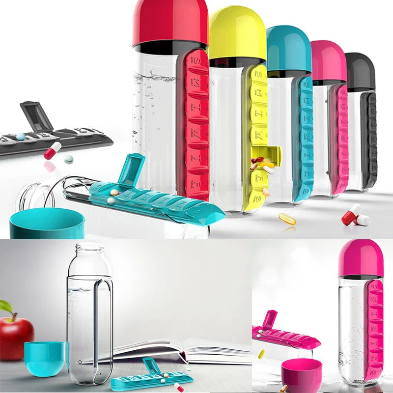 7-Day Pill Organizer Water Bottle - Portable Drink Container with Medication Storage