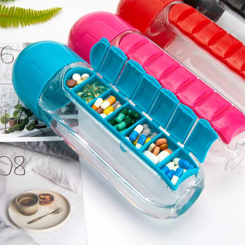 Hhomeenjoy 7-Day Pill Organizer Water Bottle - Portable Drink Container with Medication Storage