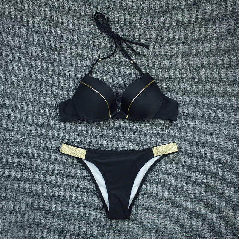 Bronzing Fabric Sexy Split Bikini Swimsuit for Women in white, fuchsia, black, navy blue