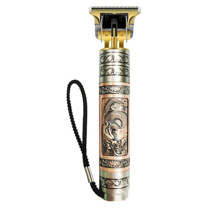 Professional hair clippers with USB charging stand, spare battery, and cleaning tools on salon counter