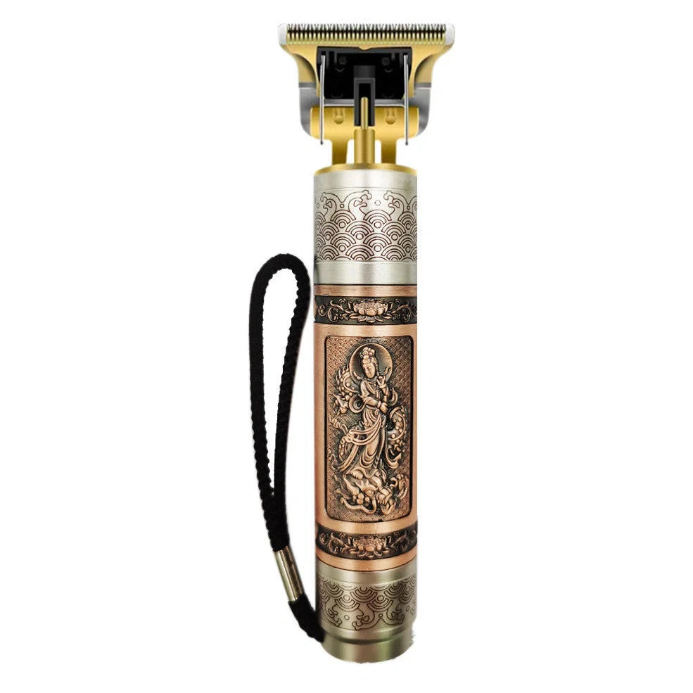 Professional hair clippers with USB charging stand, spare battery, and cleaning tools on salon counter