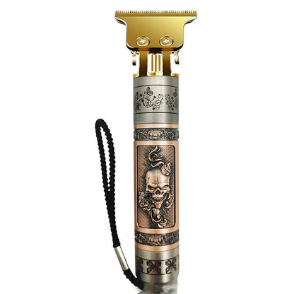 Professional hair clippers with USB charging stand, spare battery, and cleaning tools on salon counter