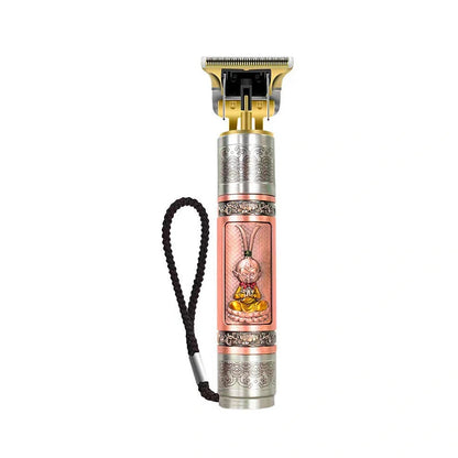 Professional hair clippers with USB charging stand, spare battery, and cleaning tools on salon counter