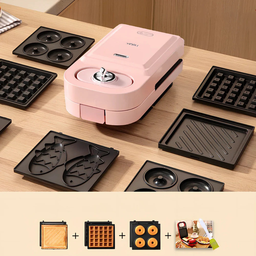 Retro breakfast machine with multiple cooking plates and temperature control dial